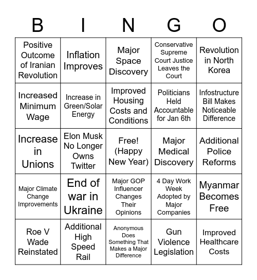 Positive Liberal 2023 Bingo Card