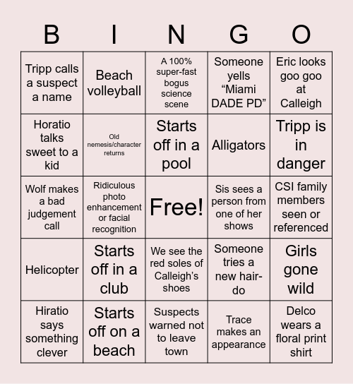 CSI Miami Bingo Card