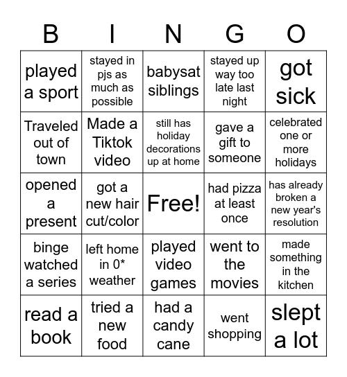 Winter Break Human Bingo! Bingo Card