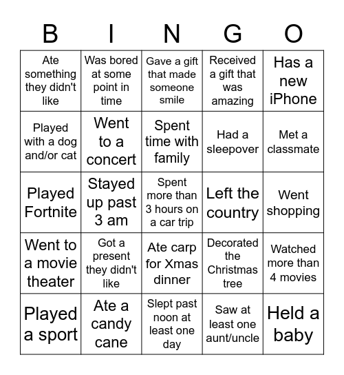 Over winter break...Find someone who.... Bingo Card