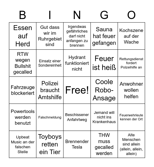 Feuer und Flamme Staffel 6 Bullshit Bingo Card
