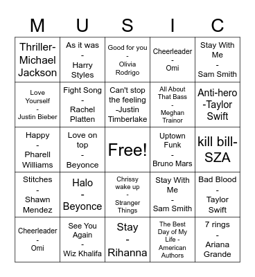 Pop Music Bingo Card