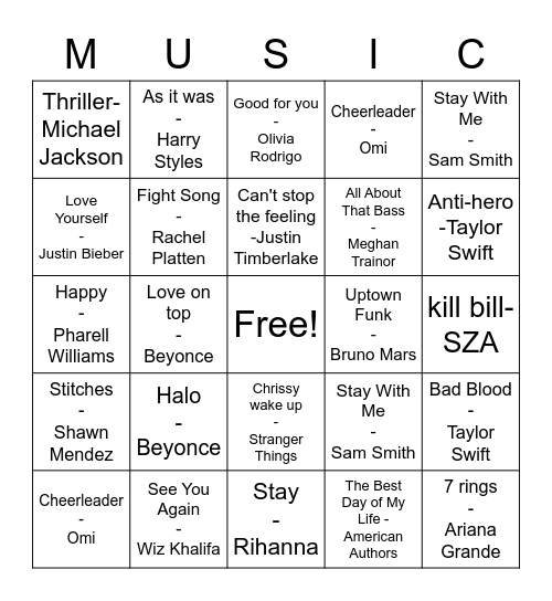 Pop Music Bingo Card