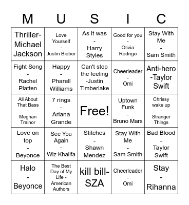 Pop Music Bingo Card