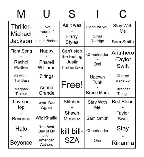 Pop Music Bingo Card