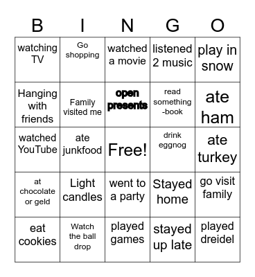 Winter Break Bingo Card