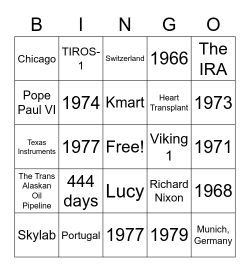 In your Lifetime Bingo Card