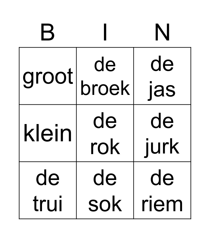 Bingo kleding Bingo Card