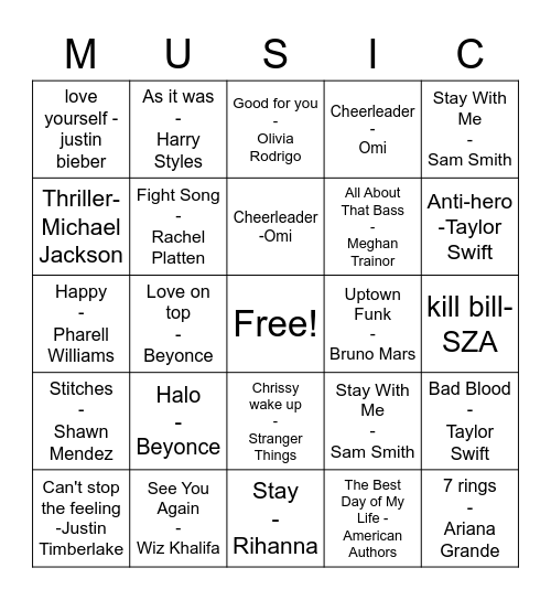 Pop Music Bingo Card