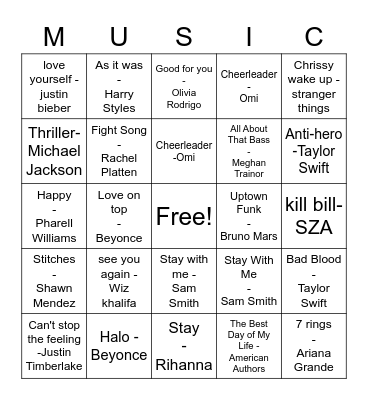 Pop Music Bingo Card