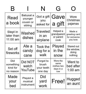 Winter Break Bingo Card