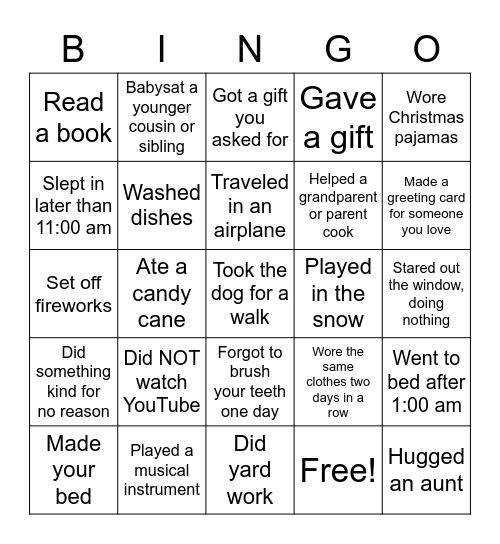 Winter Break Bingo Card