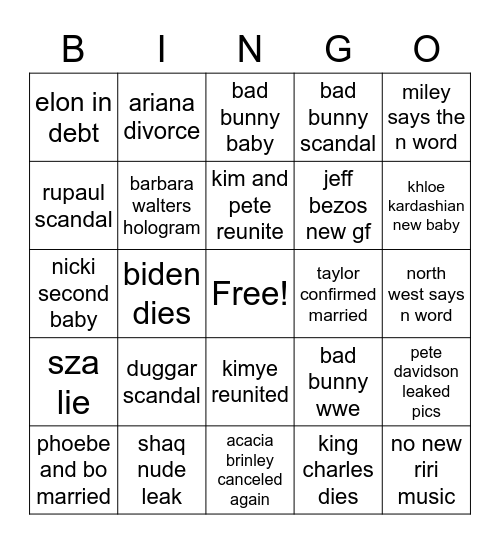 celebrity 2023 bingo Card