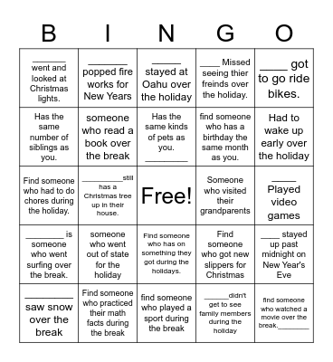 Holiday Break Bingo Card