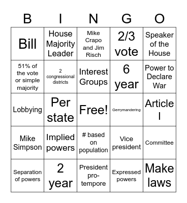 Legislative Review Bingo Card