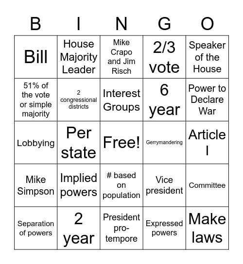 Legislative Review Bingo Card