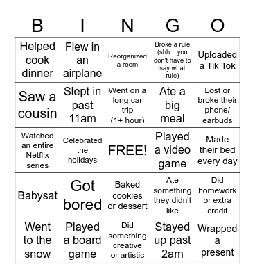 Winter Break Bingo Card