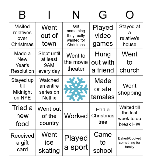 Human Bingo - Winter Break Edition Bingo Card