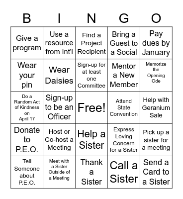 P.E.O. Bingo Card