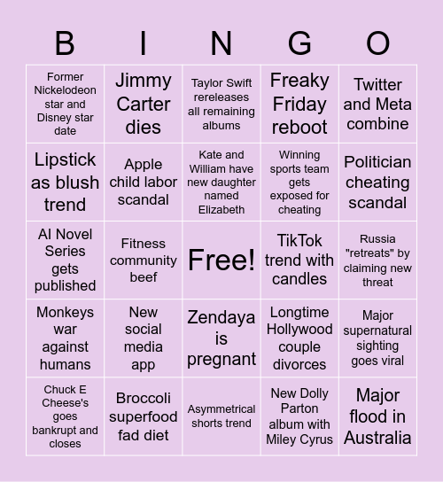 C's 2023 Predictions Bingo Card