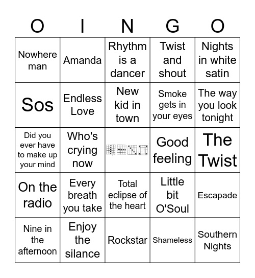 Songs that begin and end with the same letter Bingo Card