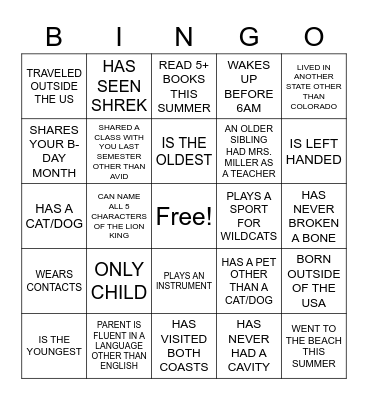 Getting To Know Your Classmates Bingo Card