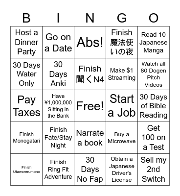 New Years Goals Bingo Card