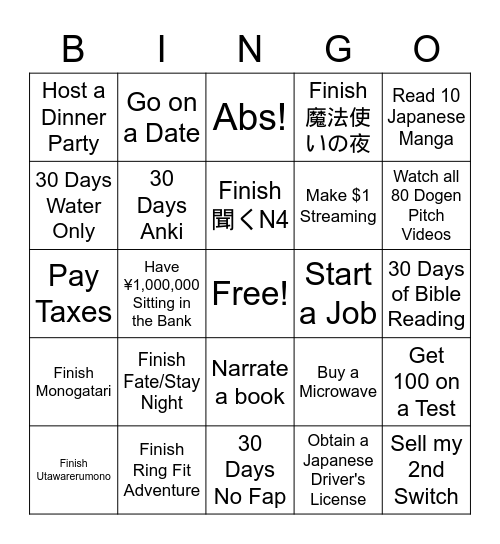 New Years Goals Bingo Card