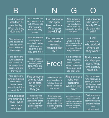 Welcome Back from Winter Break! Bingo Card