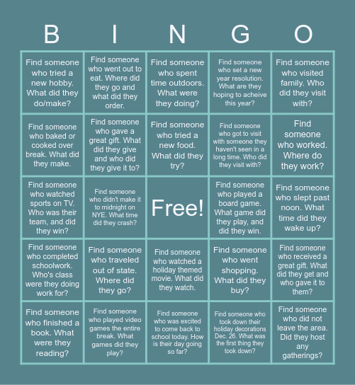 Welcome Back from Winter Break! Bingo Card