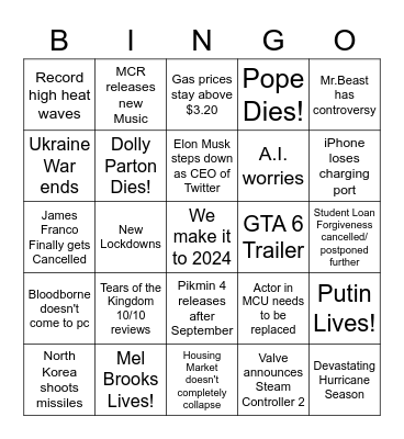 2023 Predictions Bingo Card