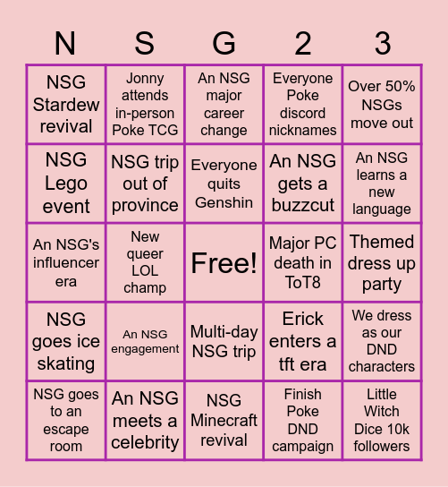 Evan's 2023 NSG Bingo Card