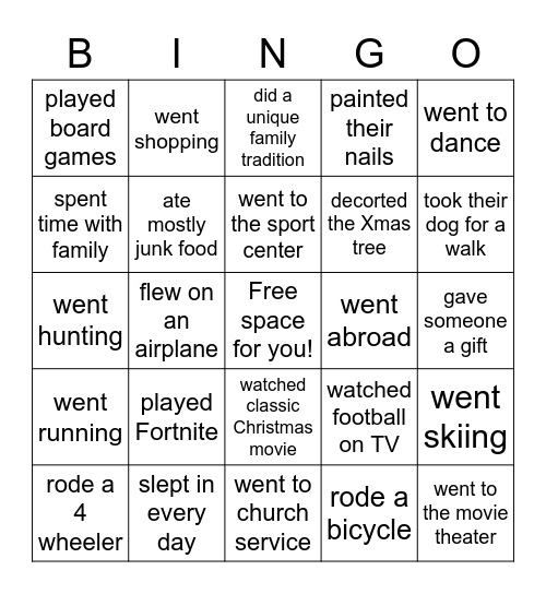 Find someone who-- Christmas Break Bingo Card