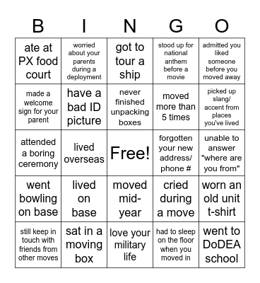 Military Kid Bingo Card