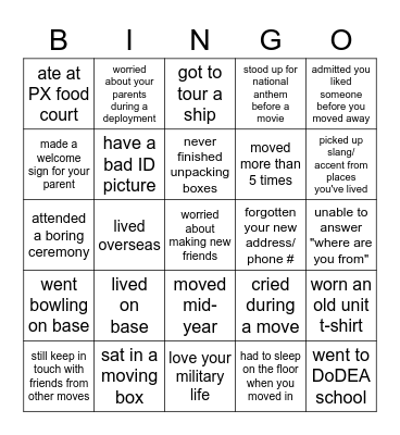 Military Kid Bingo Card