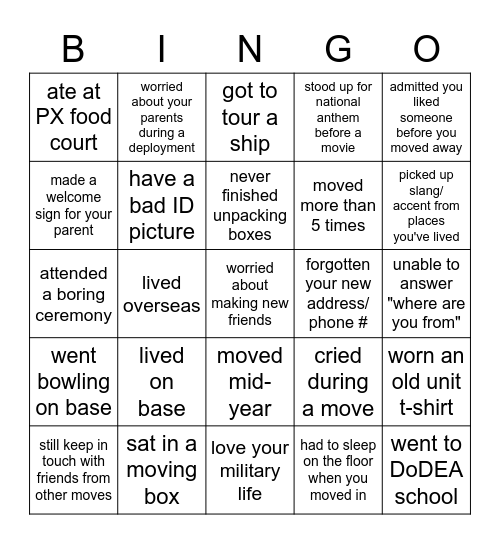 Military Kid Bingo Card