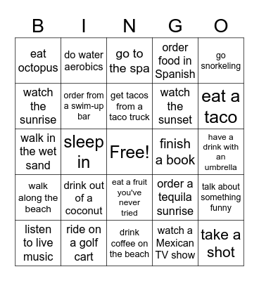 Mexico Vacation Bingo Card