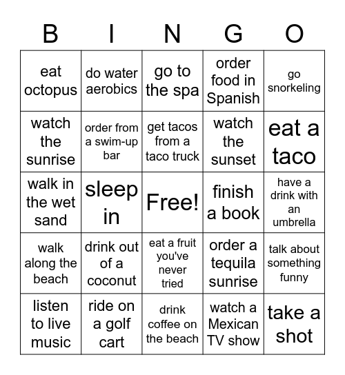 Mexico Vacation Bingo Card
