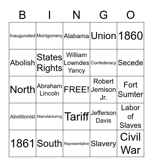 Beginnings of Civil War Bingo Card