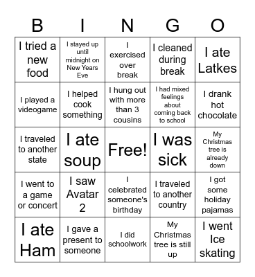 Winter Break Bingo Card