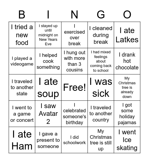 Winter Break Bingo Card