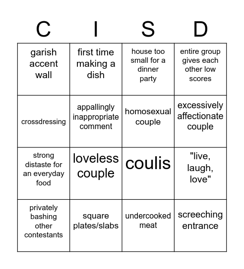 Come Dine with Me BINGO ~Can I just ask you to Shut that Door~ Bingo Card