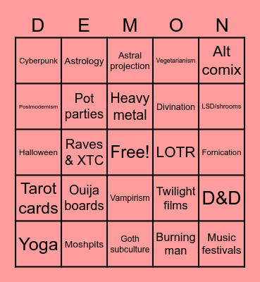Demonic Possession Bingo Card