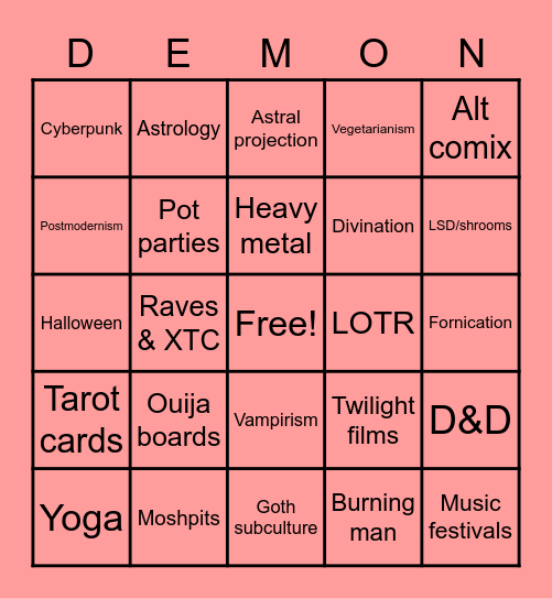 Demonic Possession Bingo Card