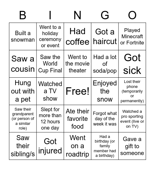 Classroom bingo: what happened over break? Bingo Card