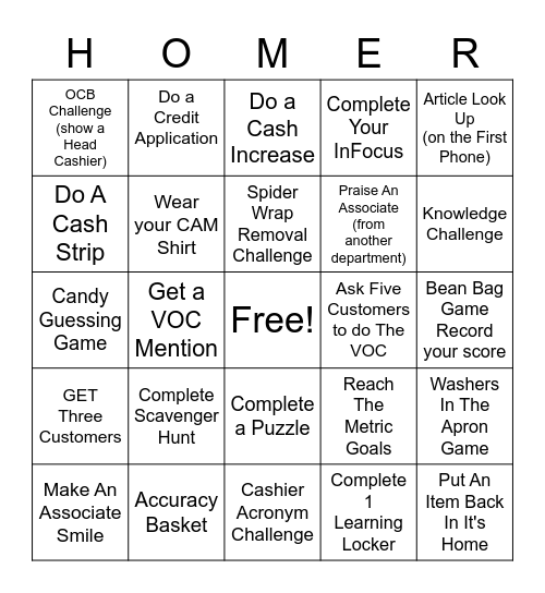 Cashier Appreciation Month Bingo Card