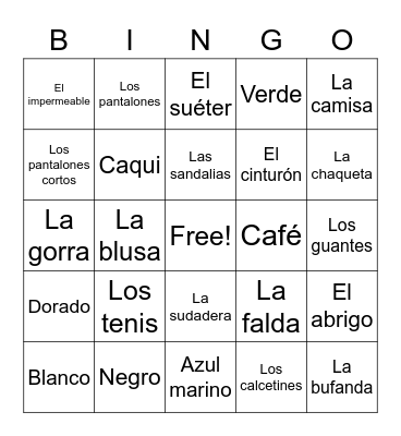 La Ropa Bingo Card