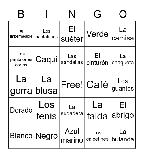 La Ropa Bingo Card