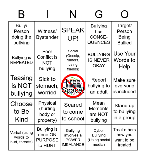 Bullying Review Bingo! Bingo Card