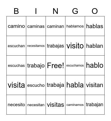 forms of -ar verbs Bingo Card